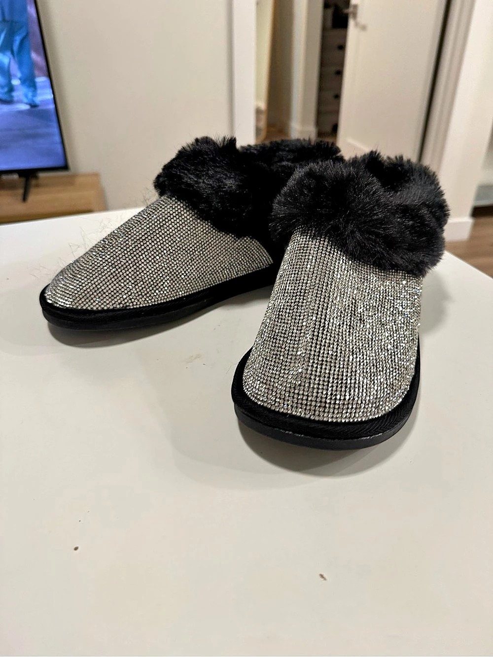 Primadonna  Embellished Faux Fur Slippers in Black & Silver Like New